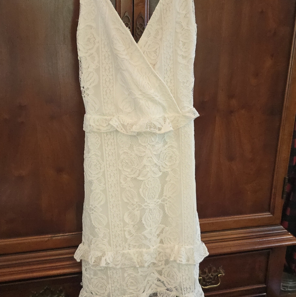 Ivory Lace Surplice Midi Dress with Tiered Ruffle Hem